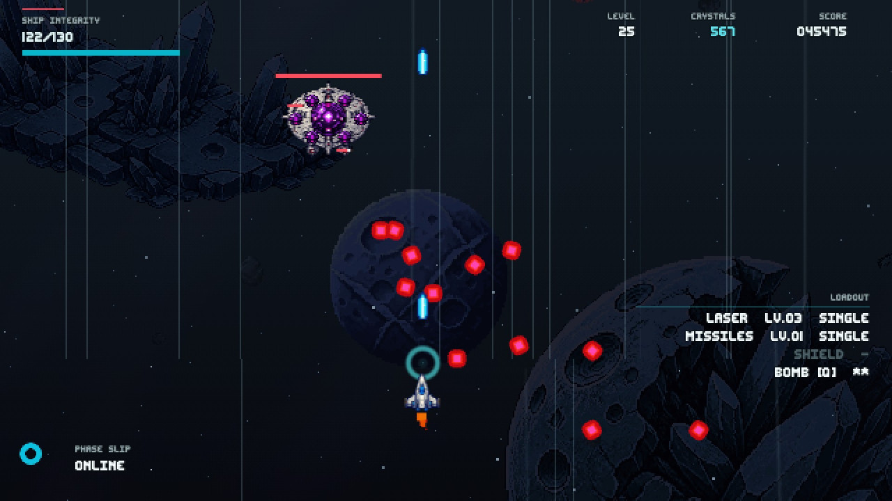 A Crystal Drive Z boss firing a spread of red projectiles over a shattered moon