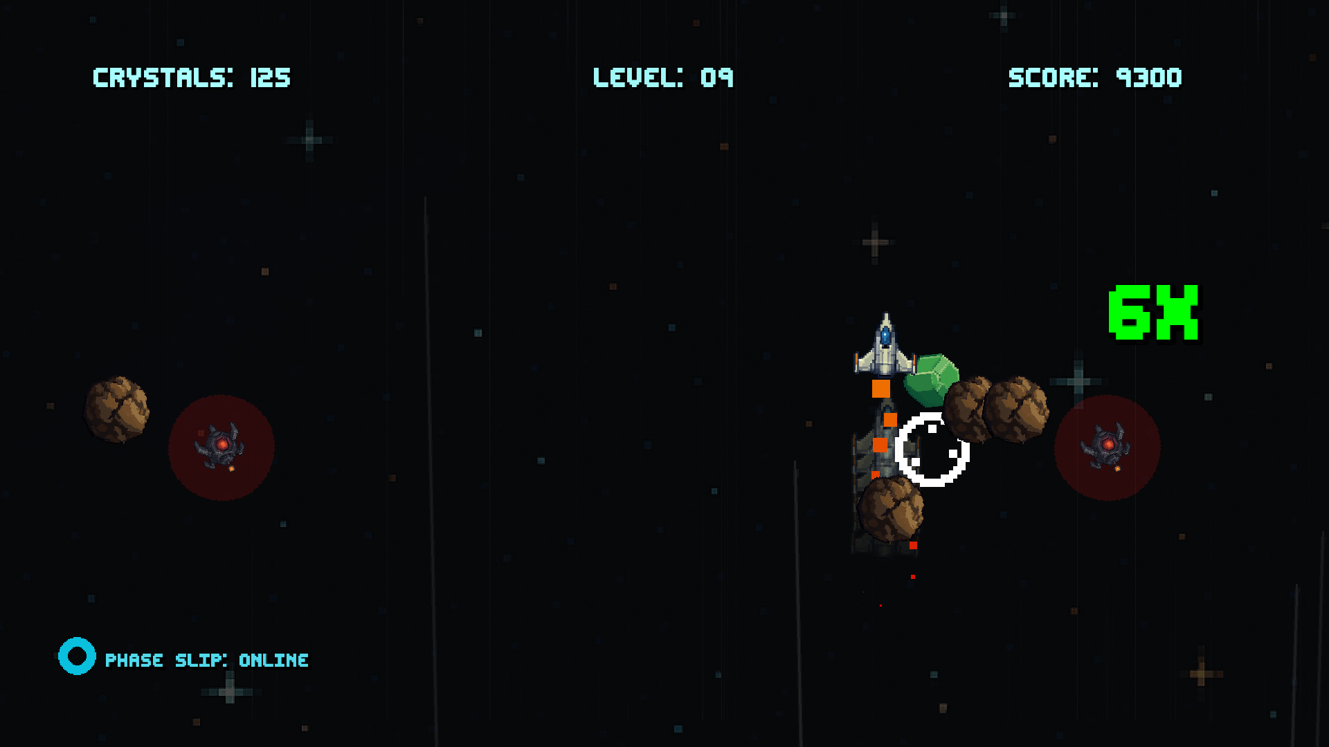Crystal Drive gameplay with a ship catching a crystal at a six-times combo